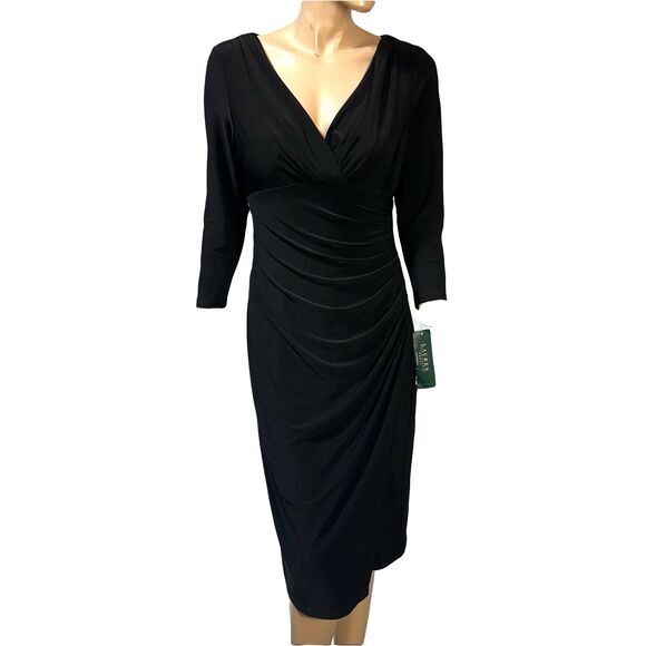 Lauren Ralph Lauren Black Faux Wrap Sheath Dress 3/4 Sleeve Size 10 Ruched NWT - Picture 1 of 13